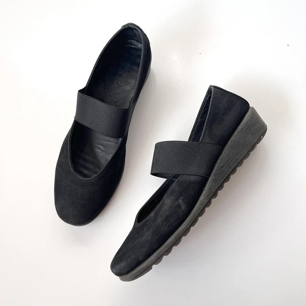 The Flexx Black Suede Mary Jane Elastic Strap Wedge Shoes EU 41‎ US 9.5